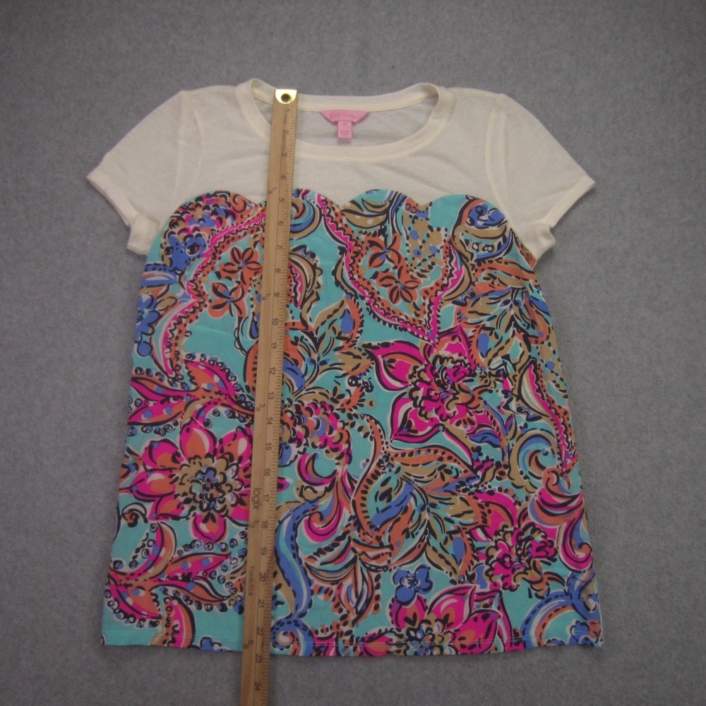Lilly Pulitzer Blouse Womens XS Blue Paisley Floral Silk Blend Short Sleeve - Picture 7 of 14